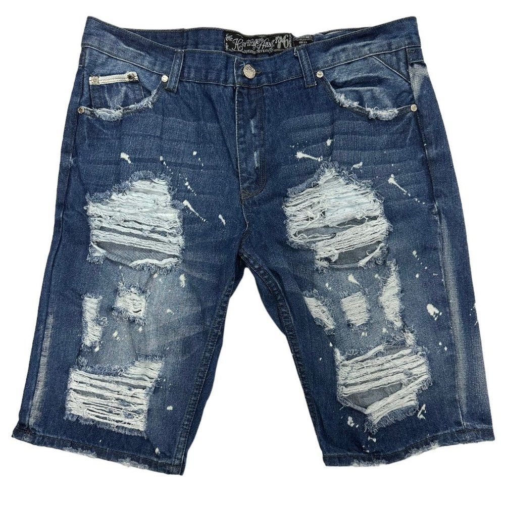 Heritage by America Destroyed Indigo Denim Shorts (40)